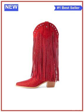 Rhinestone Fringe Cowgirl Boots Pointed Toe Chunky Heel Pull On Knee High